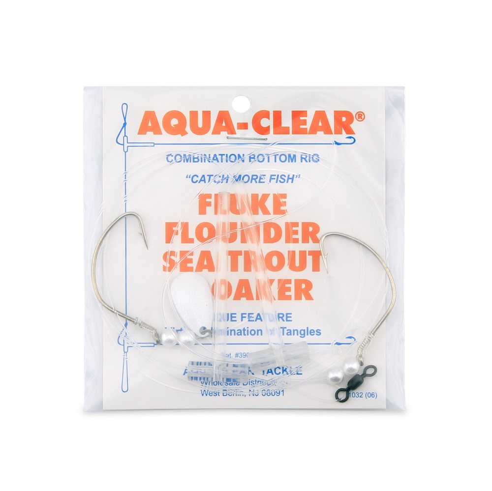 Aqua-Clear, Hi-Lo Pearl & Spinner Rig, Flounder/Fluke/SeaTrout/Croaker, 2/0  Nickel Wide Gap Hook, AFW Swivl, 40 lb / 18.1 kg GS Mono, T-Standoff,  Pearl/Spinner Top, Pearl Bttm