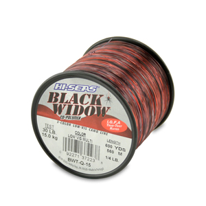 Black Widow Mono Line, I.G.F.A. Class 15, 30 lb (15.0 kg) test, .019 in (0.49 mm) dia, 3-Color Camo, 600 yd (560 m) Black Widow Mono Line, I.G.F.A. Class 15, 30 lb (15.0 kg) test, .019 in (0.49 mm) dia, 3-Color Camo, 600 yd (560 m)
