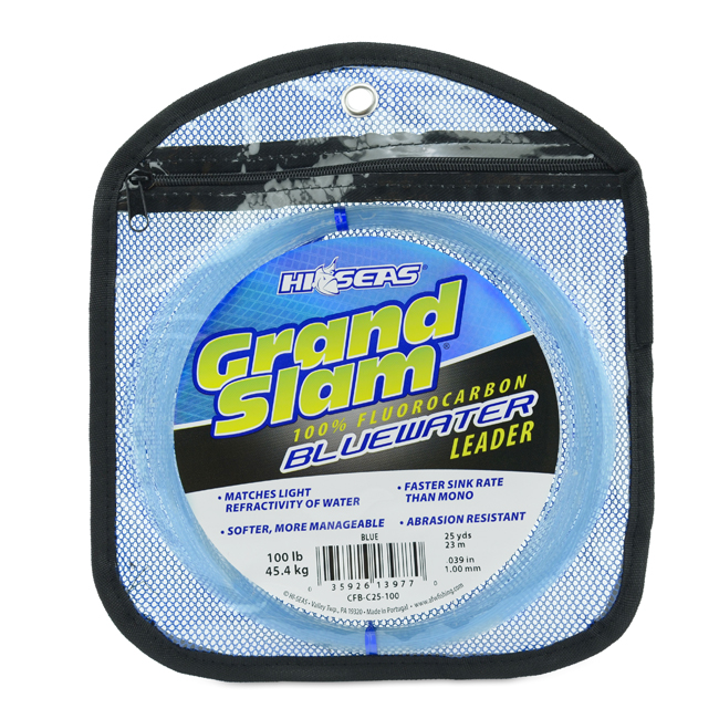 Grand Slam Bluewater 100% Fluorocarbon Leader, 100 lb / 45.4 kg test, .039  in / 1.00 mm dia, Blue, 25 yd / 23 m Coil