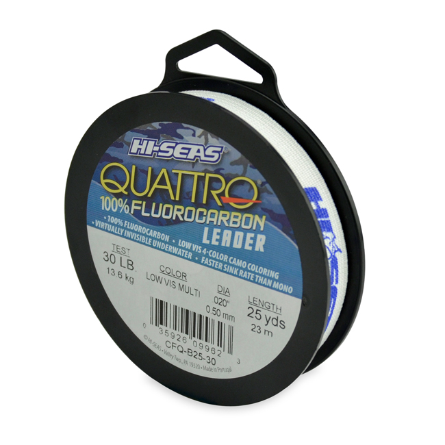 Quattro 100% Fluorocarbon Leader, 30 lb / 13.6 kg test, .019 in / 0.50 mm  dia, 4-Color Camo, 25 yd / 23 m
