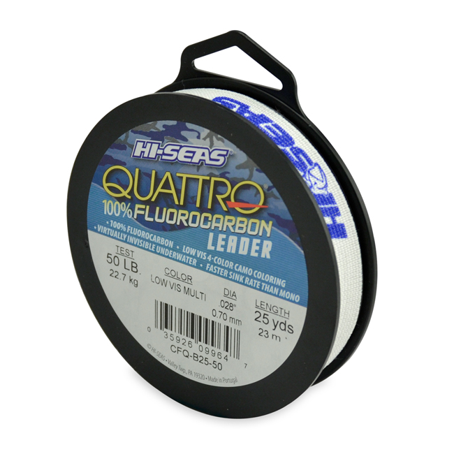 Quattro 100% Fluorocarbon Leader, 50 lb (22.6 kg) test, .028 in (0.70 mm)  dia, 4-Color Camo, 25 yd (23 m)