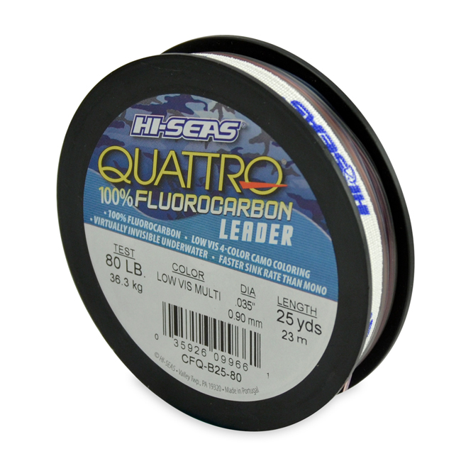 Quattro 100% Fluorocarbon Leader, 80 lb (36.3 kg) test, .035 in (0.90 mm)  dia, 4-Color Camo, 25 yd (23 m)