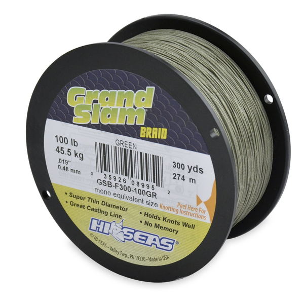 Grand Slam Braid, 100 lb (45.5 kg) test, .019 in (0.48 mm) dia, Green ...