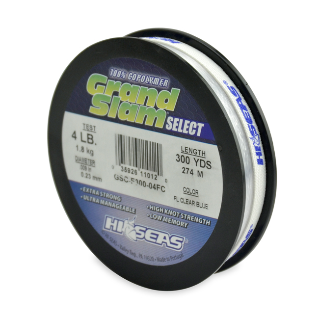 Grand Slam Select, 4 lb (1.8 kg) test, .009 in (0.23 mm) dia, Fluorescent  Clear Blue, 300 yd (274 m)