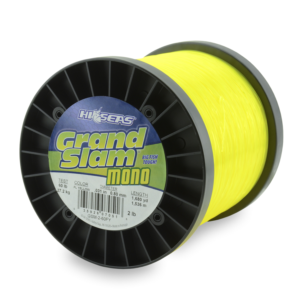 Grand Slam Monofilament Line, 60 lb / 27.2 kg test, .031 in / 0.80 mm dia,  Fluorescent Yellow, 1680 yd / 1536 m, 2 lb / 0.90 kg Spool