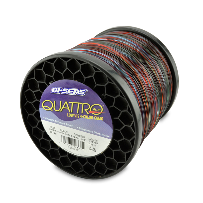 Quattro Monofilament Line, 200 lb / 90.7 kg test, .059 in / 1.50 mm dia,  4-Color Camo, 1225 yd / 1120 m, 5 lb / 2.27 kg Spool