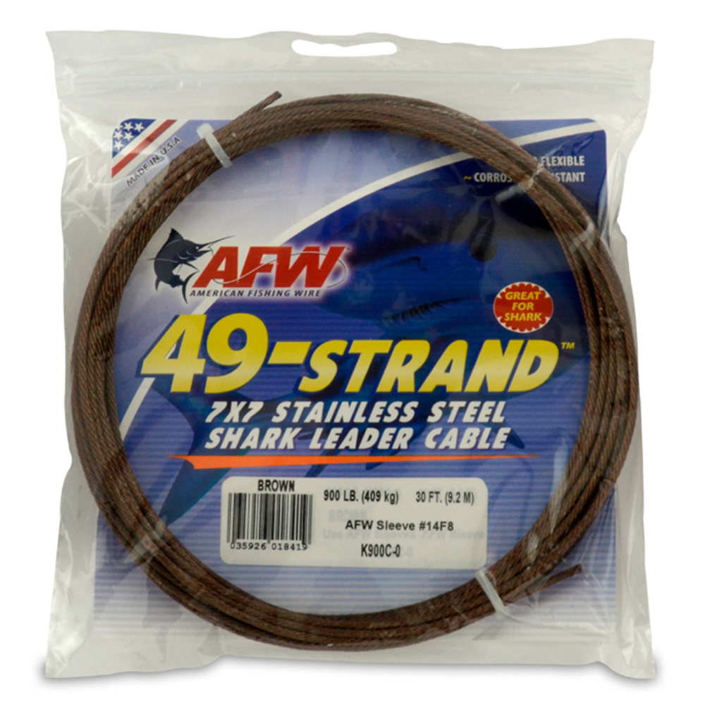 49 Strand, 7x7 Stainless Steel Shark Leader Cable, 900 lb / 409 kg test, .093 in / 2.36 mm dia, Camo, 30 ft / 9.2 m 49 Strand, 7x7 Stainless Steel Shark Leader Cable, 900 lb / 409 kg test, .093 in / 2.36 mm dia, Camo, 30 ft / 9.2 m