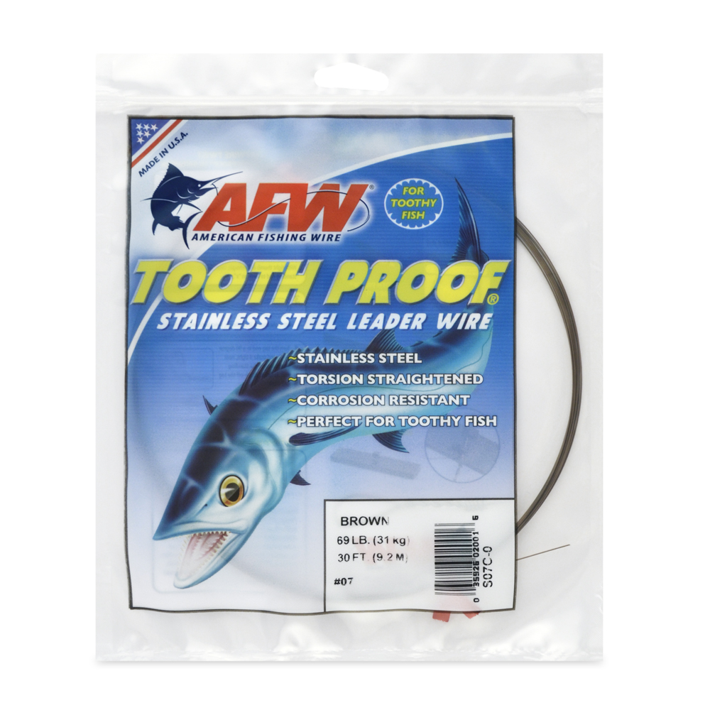 #7 Tooth Proof Stainless Steel Single Strand Leader Wire, 69 lb / 31 kg  test, .018 in / 0.46 mm dia, Camo, 30 ft / 9.2 m