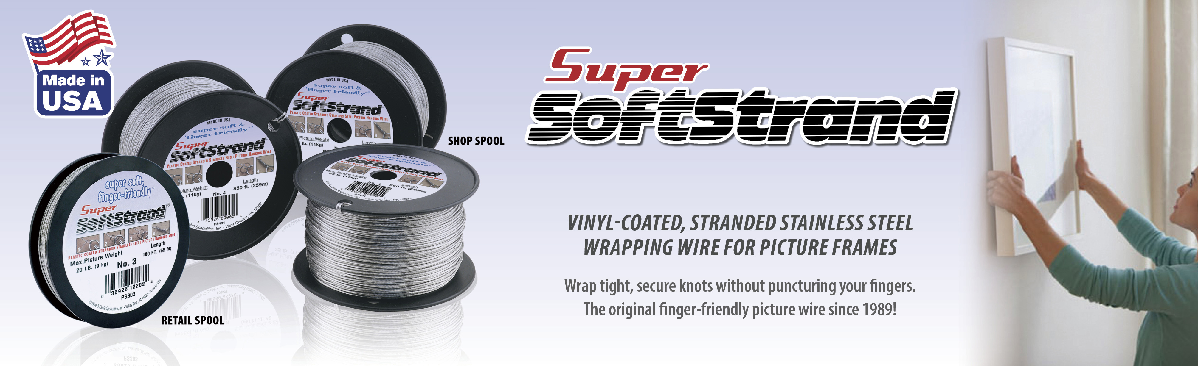 Super Softstrand, Vinyl-Coated Stranded Stainless Steel Picture Wrapping  Wire, Size #4, 25 lb / 11 kg, 850 ft / 259 m