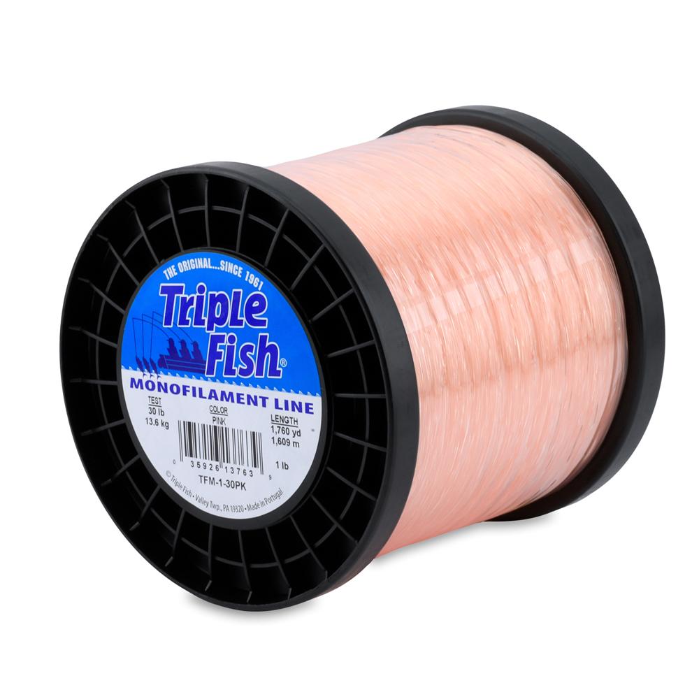 Triple Fish Mono Line, 30 lb (13.6 kg) test, .022 in (0.55 mm) dia, Pink, 1  lb (0.45 kg) Spool, 1760 yd (1609 m)