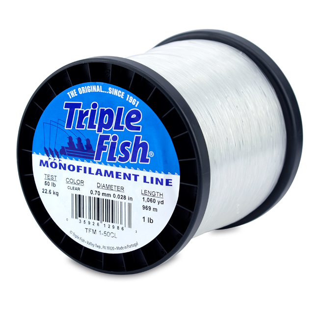Triple Fish Mono Line, 50 lb (22.7 kg) test, .028 in (0.70 mm) dia, Clear,  1 lb (0.45 kg) Spool, 1060 yd (969 m)