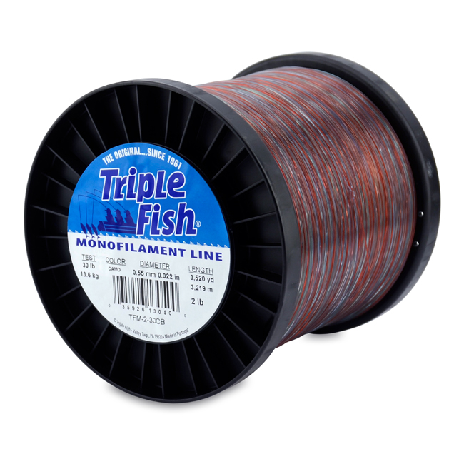 Triple Fish Mono Line, 30 lb (13.6 kg) test, .022 in (0.55 mm) dia, Camo, 2  lb (0.91 kg) Spool, 3520 yd (3219 m)