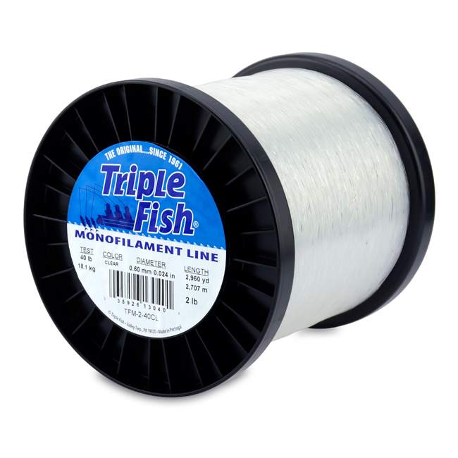 Triple Fish Mono Line, 40 lb (18.1 kg) test, .024 in (0.60 mm) dia, Clear, 2  lb (0.91 kg) Spool, 2960 yd (2707 m)