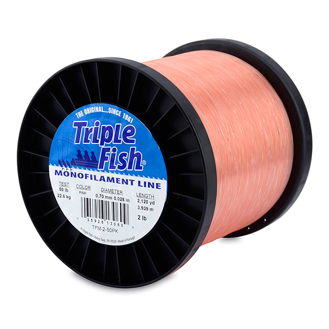 Triple Fish Mono Line, 50 lb (22.7 kg) test, .028 in (0.70 mm) dia, Pink, 2  lb (0.91 kg) Spool, 2120 yd (1938 m)