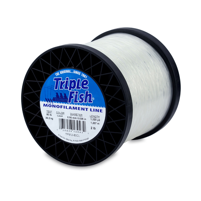 Triple Fish Mono Line, 80 lb (36.2 kg) test, .035 in (0.90 mm) dia, Clear,  2 lb (0.91 kg) Spool, 1320 yd (1207 m)