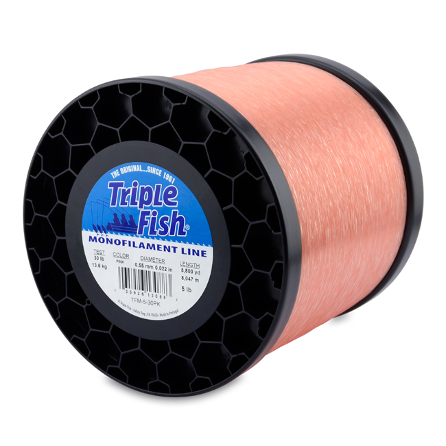 Triple Fish Monofilament Line, 30 lb / 13.6 kg test, .022 in / 0.55 mm dia,  Pink, 8800 yd / 8047 m, 5 lb / 2.27 kg Spool