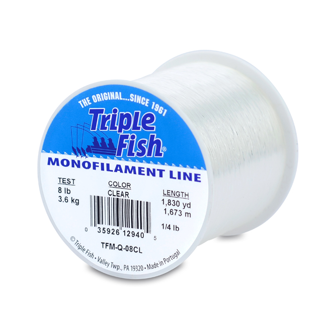 Triple Fish Mono Line, 8 lb (3.6 kg) test, .011 in (0.27 mm) dia, Clear,  1/4 lb (0.11 kg) Spool, 1830 yd (1673 m)
