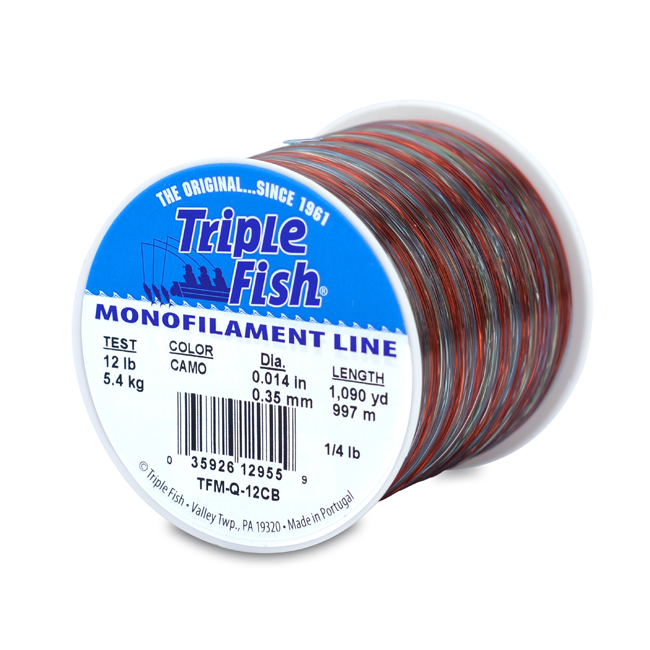 Triple Fish Monofilament Line, 12 lb / 5.4 kg test, .014 in / 0.35 mm dia,  Camo, 1090 yd / 997 m, 1/4 lb / 0.11 kg Spool