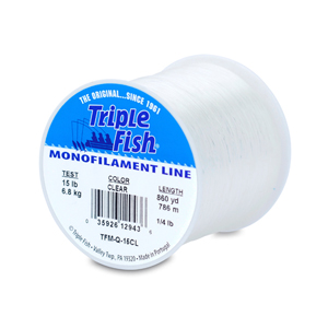 Triple Fish Mono Line, 15 lb (6.8 kg) test, .016 in (0.40 mm) dia, Clear, 1/4  lb (0.11 kg) Spool, 860 yd (786 m)