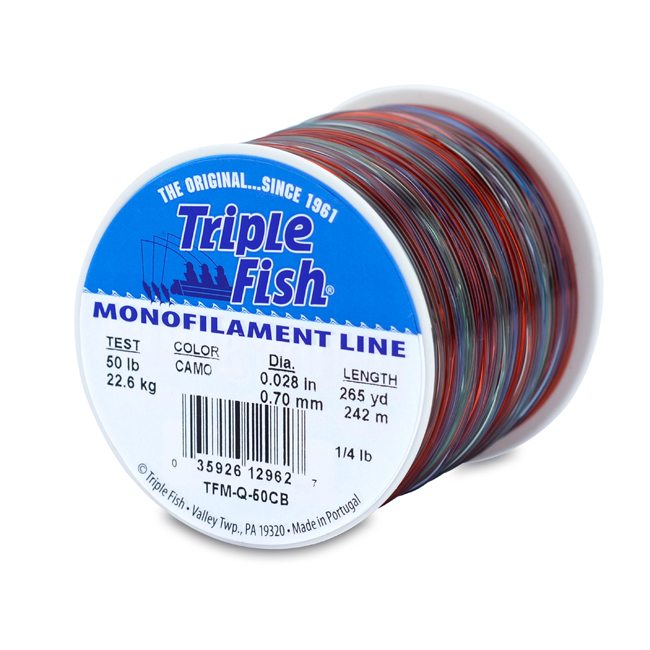Triple Fish Monofilament Line, 50 lb / 22.7 kg test, .028 in / 0.70 mm dia,  Camo, 265 yd / 242 m, 1/4 lb / 0.11 kg Spool