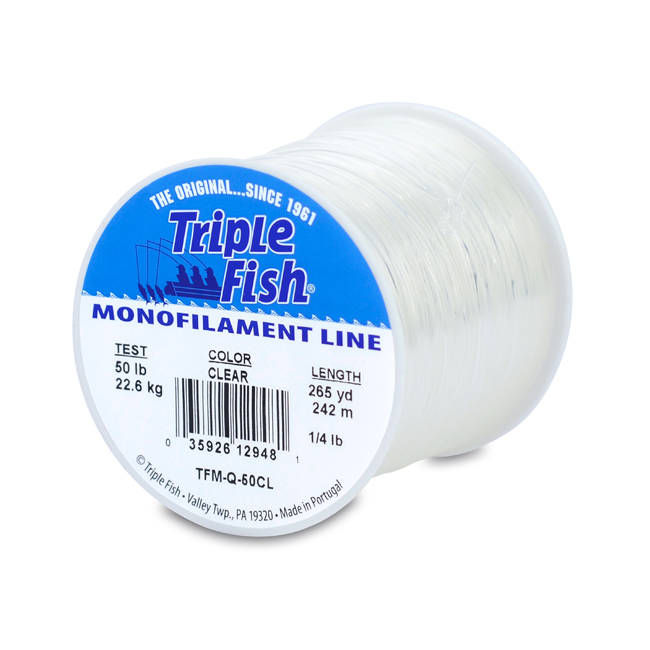 Triple Fish Mono Line, 50 lb (22.7 kg) test, .028 in (0.70 mm) dia, Clear,  1/4 lb (0.11 kg) Spool, 265 yd (242 m)