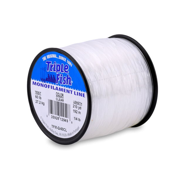 Triple Fish Mono Line, 60 lb (27.2 kg) test, .031 in (0.80 mm) dia, Clear, 1/4 lb (0.11 kg) Spool, 210 yd (192 m) Triple Fish Mono Line, 60 lb (27.2 kg) test, .031 in (0.80 mm) dia, Clear, 1/4 lb (0.11 kg) Spool, 210 yd (192 m)