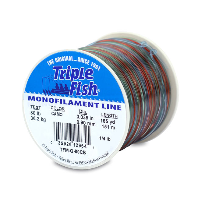 Triple Fish Monofilament Line, 80 lb / 36.2 kg test, .035 in / 0.90 mm dia,  Camo, 165 yd / 151 m, 1/4 lb / 0.11 kg Spool